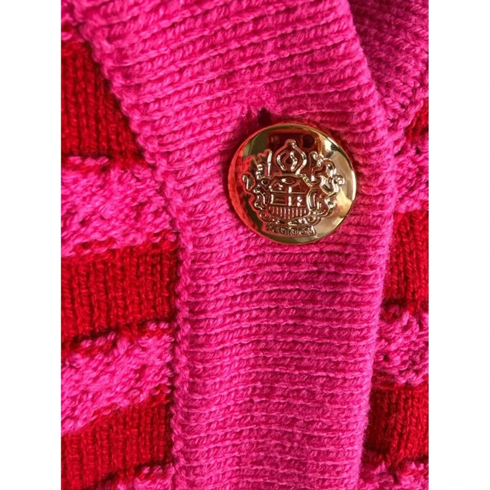 Pink Red Striped Cardigan Gold Crest Buttons Preppy Knit Sweater M Barbiecore - Picture 2 of 5